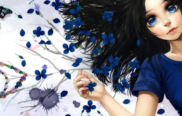 Picture girl, flowers, background, tears, art, blue, minami haruya
