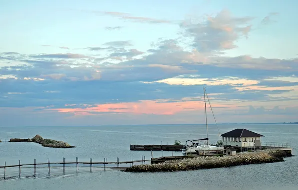 Sea, water, clouds, sunset, Marina, yacht, pier, house