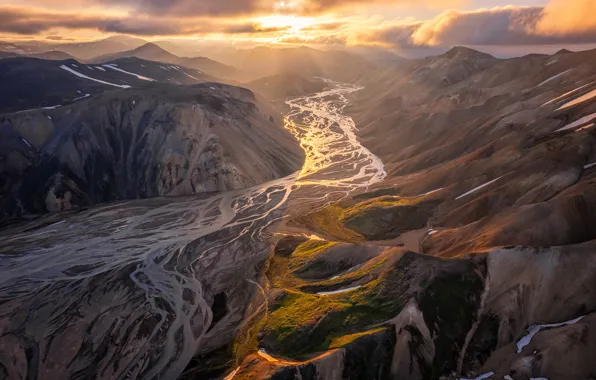 The sun, light, line, mountains, traces, rocks, volcanoes, lava