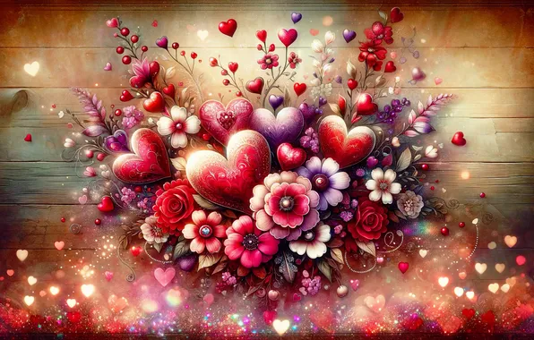 Love, flowers, lights, heart, Board, heart, hearts, heart