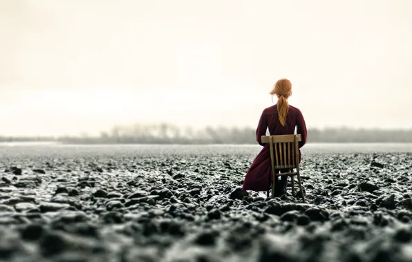 Picture girl, snow, chair, arable land, Inna Mosina