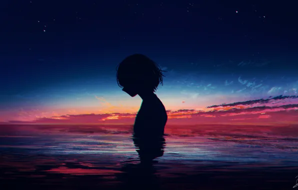 Sadness, the sky, water, girl, silhouette, twilight