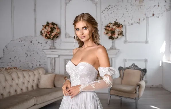 Look, girl, flowers, sofa, portrait, chair, dress, beautiful