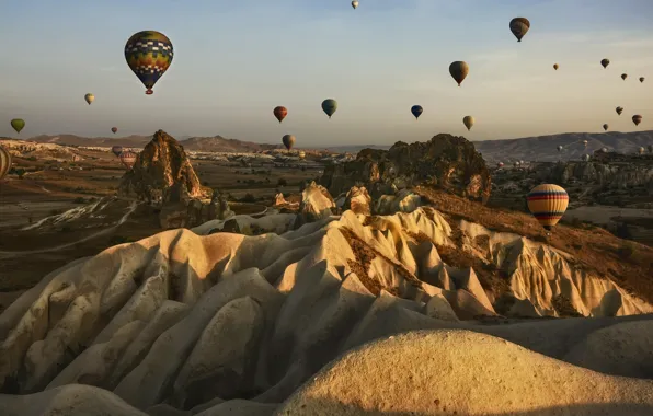 The sky, mountains, balloons, rocks, desert, ballooning, Turkey, balloons