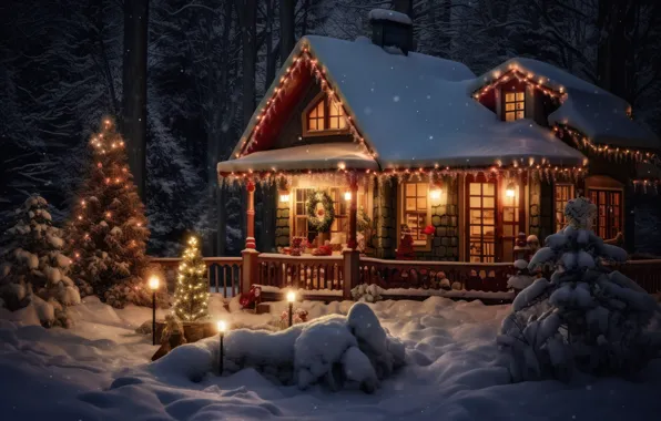 Winter, forest, light, snow, night, house, Christmas, lights