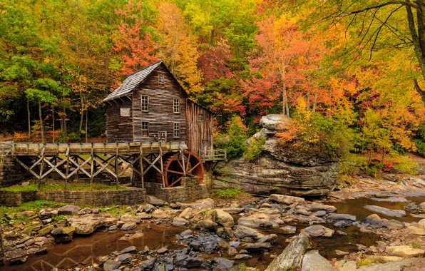 Picture autumn, USA, Babcock State Park, water mill, New River Gorge, County Fayette, West Virginia