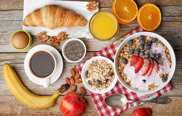 Berries, coffee, orange, Breakfast, fruit, nuts, croissant, muesli