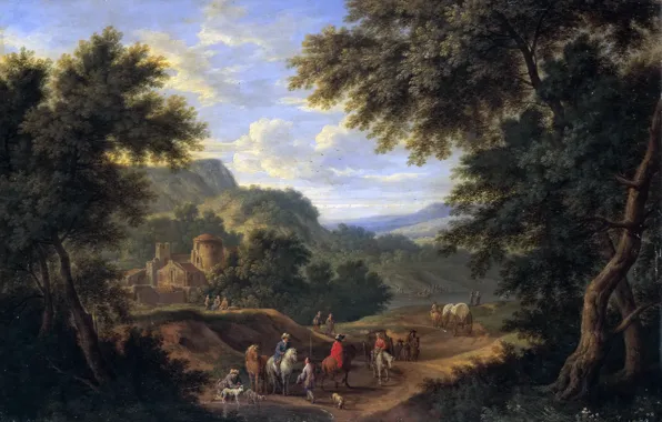Trees, people, picture, Adrian Frans Boudewyns, A landscape with Travelers
