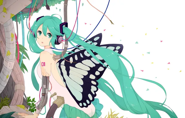 Leaves, girl, wire, robot, wings, headphones, art, vocaloid
