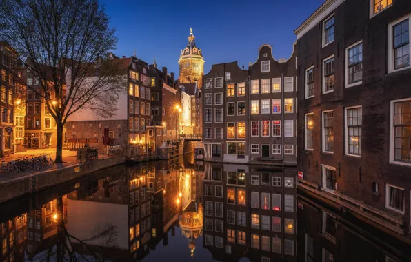 Picture reflection, building, home, Amsterdam, channel, Netherlands, night city, promenade