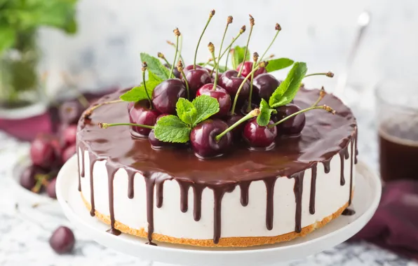 Decoration, cherry, cake, dessert, chocolate glaze