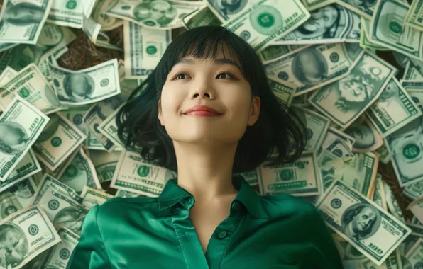 Girl, smile, money, dollars, Asian, digital art, AI art, The Art of Artificial Intelligence