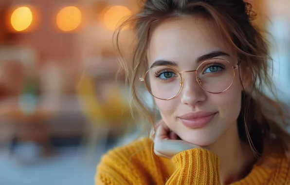 Look, girl, smile, portrait, makeup, glasses, brown hair, bokeh