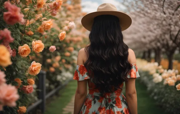 Summer, girl, flowers, Park, back, roses, hat, garden