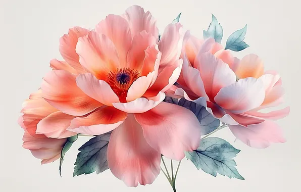 Leaves, flowers, blur, petals, watercolor, pink, orange, light background