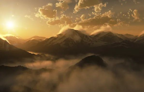 The sun, clouds, mountains, fog, sunrise, morning