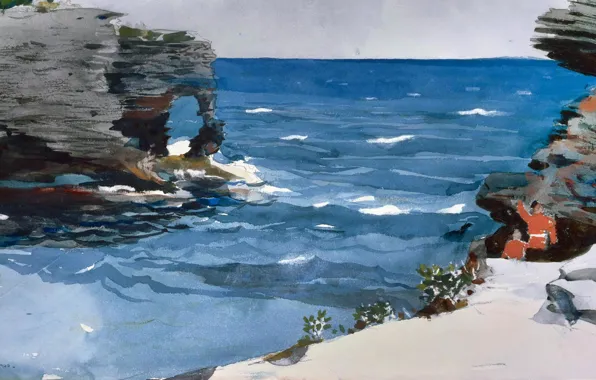 Sea, rocks, figure, watercolor, Winslow Homer, Winslow Homer, Rocky Coast