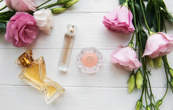 Bouquet, perfume, eustoma, bottles, Olena Rudo
