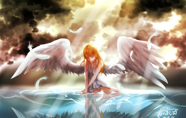 The sky, water, girl, clouds, light, reflection, wings, angel