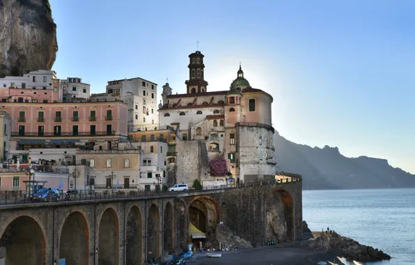 Sea, rocks, home, Italy, Church, Atrani, Amalfi coast