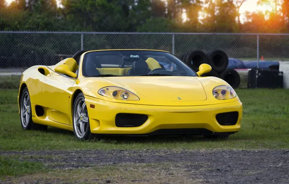 Yellow, tires, the fence, convertible, ferrari, Ferrari, front view, 360
