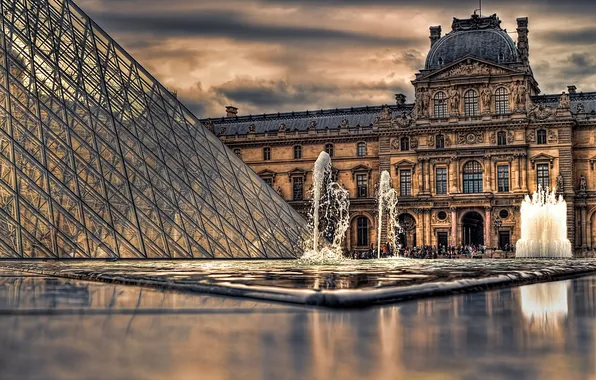 Clouds, people, overcast, France, Paris, The Louvre, pyramid, fountain