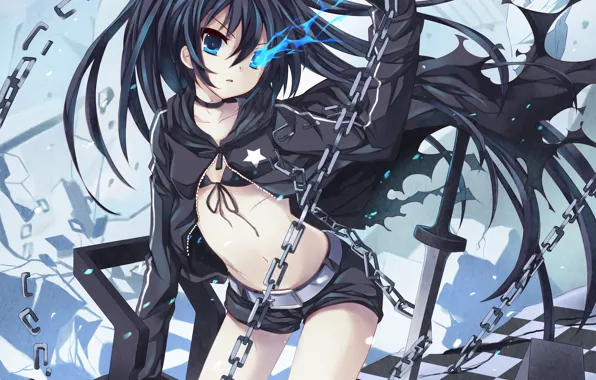 Girl, weapons, sword, katana, chain, black rock shooter, Mato, cooroy