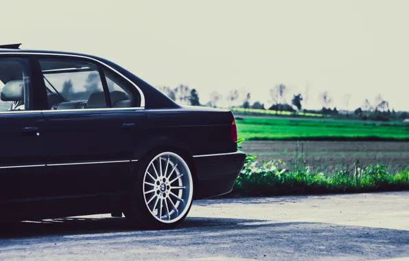 740iA, BMW, Black, Drives, Bimmer, Stance, E38, Side