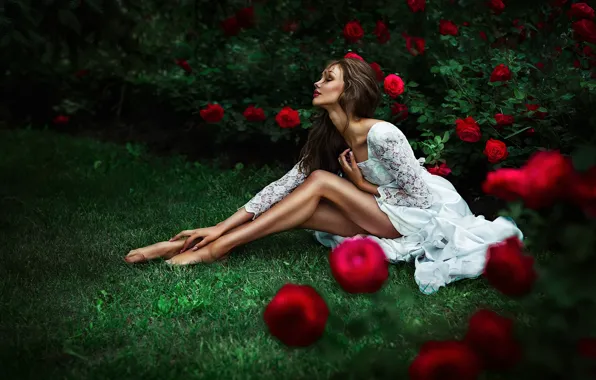 Greens, summer, grass, leaves, girl, flowers, pose, Park