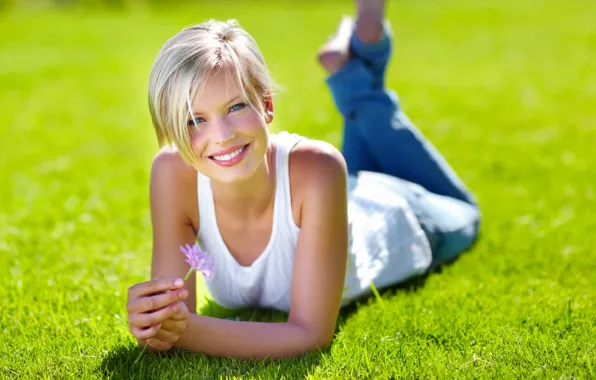 Flower, grass, girl, joy, smile, blonde