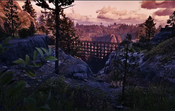 HDR, Clouds, Sky, Wood, Bridge, Game, Rocks, Trees