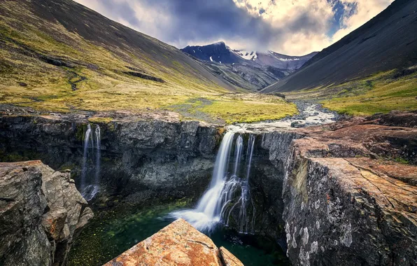 Mountains, river, waterfall
