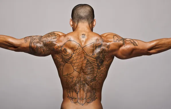 Back, fish, tan, tattoo, male, tattoo, muscle, relief