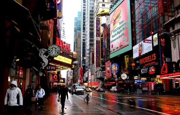 The city, people, rain, skyscraper, New York, New York, Manhattan, Starbucks