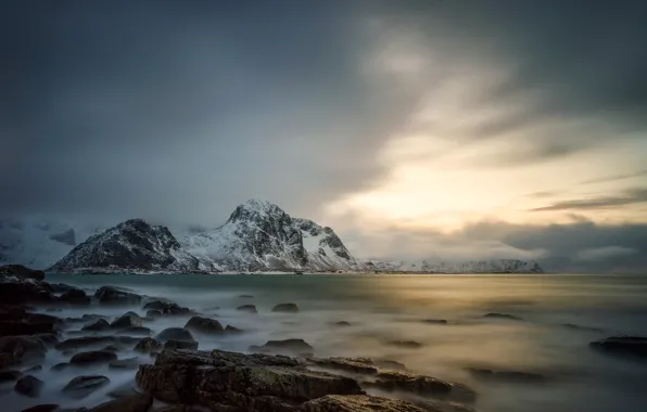 Winter, sea, stones, rocks, coast, Norway, the village, Lofoten