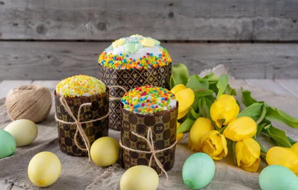 Holiday, eggs, Easter, tulips, cakes