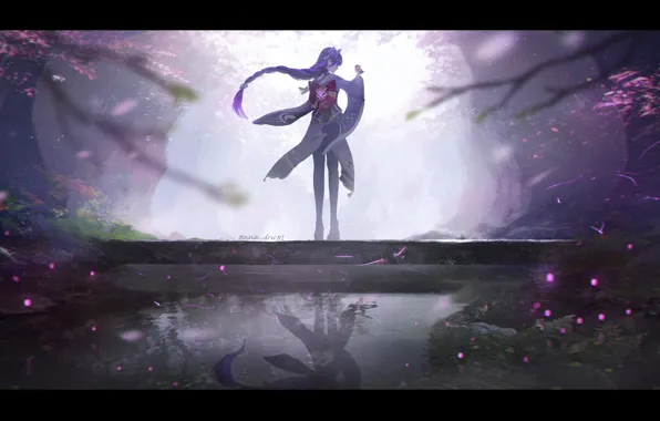 Picture girl, trees, flowers, night, nature, lake, bird, Genshin Impact