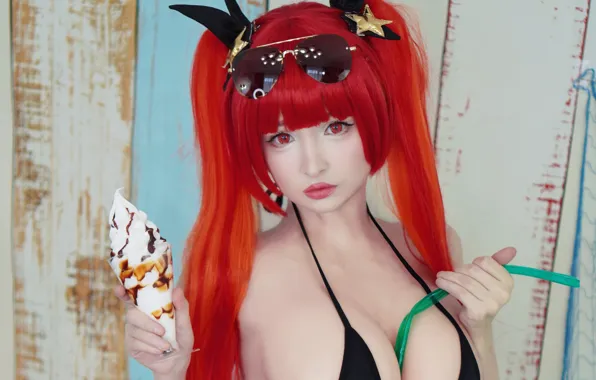 Girl, sexy, cleavage, red hair, long hair, boobs, beautiful, red eyes