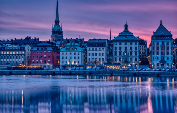 Picture water, sunset, building, home, the evening, Stockholm, Sweden, promenade