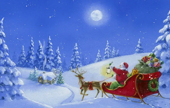 Picture winter, snow, figure, tree, Christmas, gifts, sleigh, Santa Claus