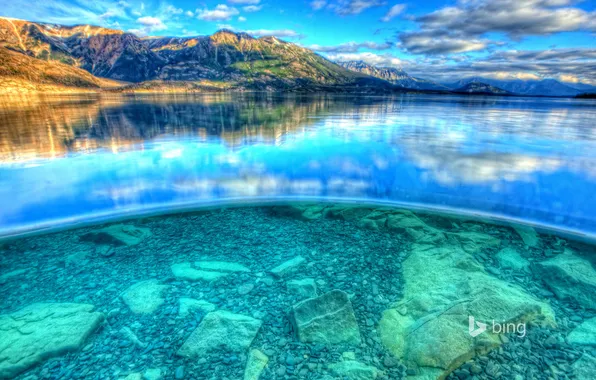 Picture the sky, mountains, stones, the bottom, hdr, Canada, British Columbia, lake Atlin