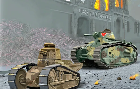 Wallpaper easy, Char B.1bis, Renault FT.17, The ruins of the house, France, average, tank, lights