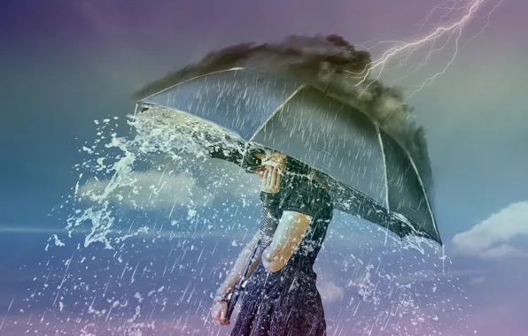 Girl, rain, lightning, the situation, umbrella