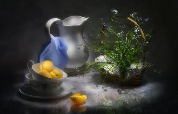 Flowers, pitcher, forget-me-nots, apricots