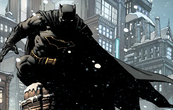 Picture Winter, The city, Snow, Batman, Costume, Building, City, Roof, Hero, Mask, Comic, Cloak, Superhero, Hero, …