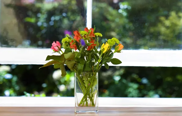 Greens, flowers, window, vase, sill, a bunch