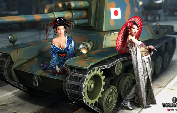 Picture umbrella, girls, figure, katana, art, samurai, tank, Asian girls