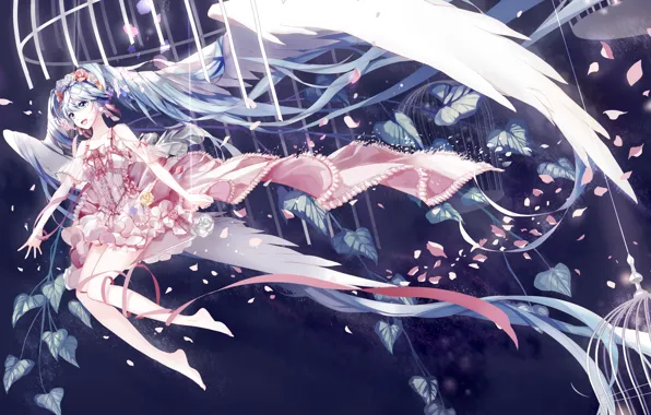 Picture girl, joy, flowers, swing, wings, cell, anime, petals