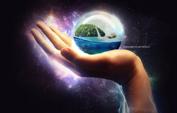 Picture the ocean, ship, island, ball, hand, turtle, art, sphere