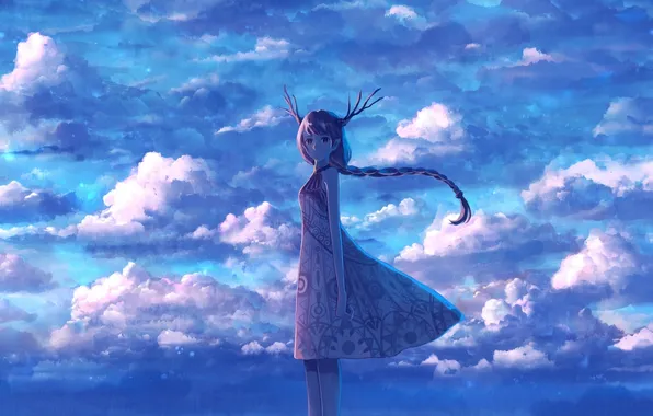 Picture the sky, girl, clouds, smile, anime, art, horns, bou nin